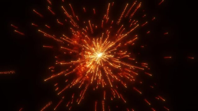 Plumes of glowing orange particles flying from one point on a black background. Abstract fireworks.