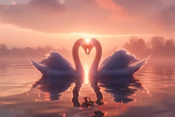 Gordijnen Two swans forming a heart shape with their necks on a tranquil lake as the sun sets, casting a soft, rosy hue over the water. Peaceful scene symbolizes love's purity and grace.  © James Ellis