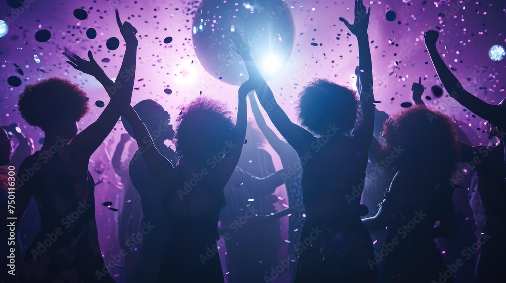 Poster dynamic scene of people dancing and celebrating at a party or club with confetti in the air and colo
