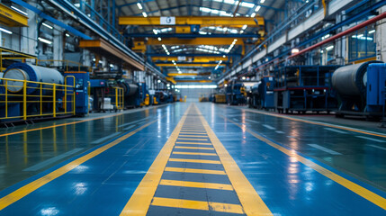 Industrial Factory Interior with Vibrant Blue Safety Lines on Floor, Heavy Machinery, and Overhead Cranes, Symbolizing Manufacturing Precision and Efficiency