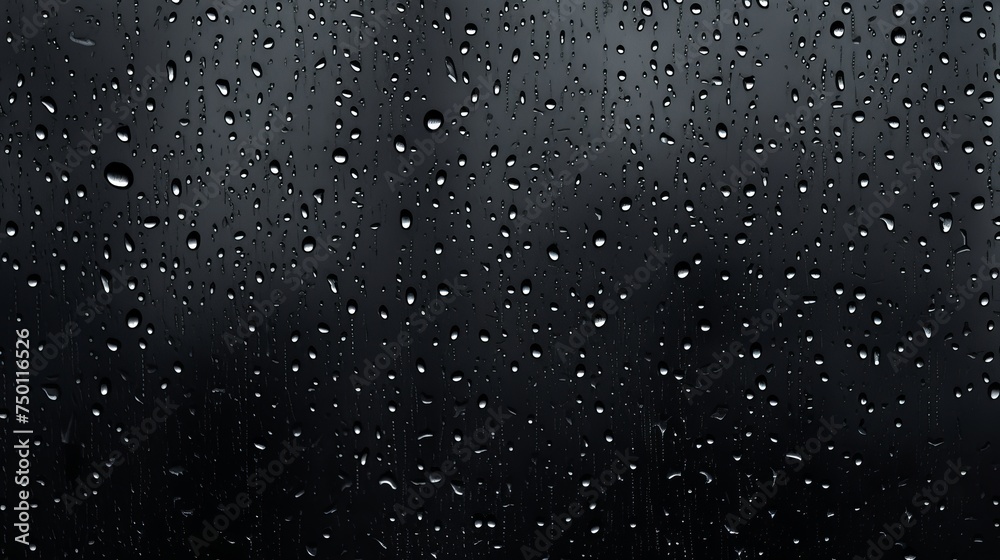 Poster A black wet background, with raindrops overlaying a window, evokes the autumn weather, illustrating water drops on transparent glass.