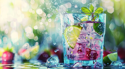 Glass of water with ice and bubbles on colorful bokeh background,Splash of cool fresh water with ice cube in the transparent glass cup in the table outoors in summer day,Cocktail with orange and ice

 - obrazy, fototapety, plakaty