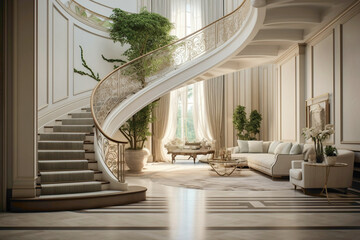 A tranquil oasis awaits at the top of a beige staircase, where simplicity and sophistication...