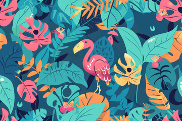 Fantasy jungle pattern. Illustration of whimsical tropical jungle pattern with playful flamingo