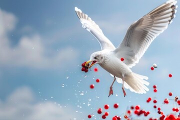 Fototapeta premium Dynamic seagull showcasing its agility with a recent berry catch in flight.