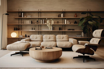 Tranquil sitting space with a round wooden coffee table, leather chair, ottoman, and sofa arranged...