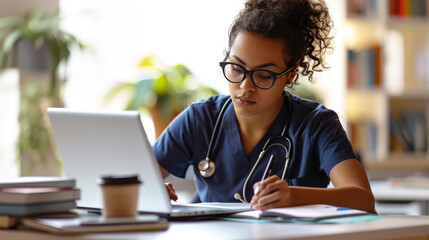 Doctor or a nurse, wearing scrubs and a stethoscope, working at a desk with a laptop and medical textbooks.