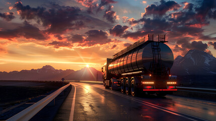 Shot of a lorry transportating of oil and natural gas on sunset time. Space for text, Generative AI