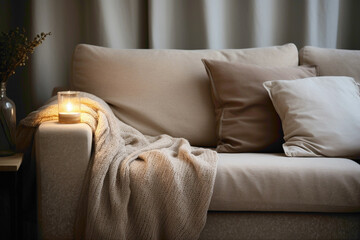 Close-up of a beige linen sofa, its soft texture illuminated by warm lamplight. A textured throw...