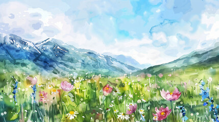 Fototapeta premium Watercolor summer landscape with wildflowers and mountains. Digital watercolor painting. 