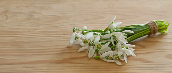 bouquet of snowdrops on wooden background - 750118315