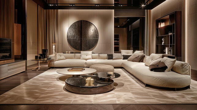 Modern luxury interior with corner sofa round marble decoration. Quiet luxury concept.