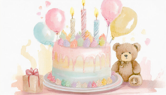 Happy birthday card with cake, candles and teddy bear illustration, copy space for celebration event 