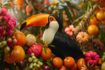 Vibrant jungle scene featuring toucan and colorful tropical fruits.

