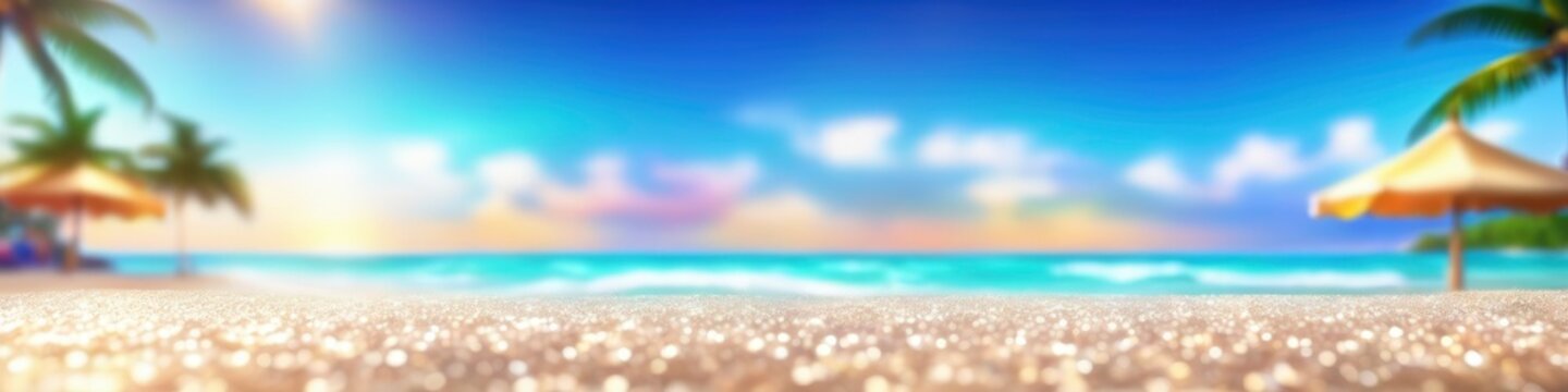 Abstract colorful illustration tropical beach, blurred bokeh background for social media banner, website and for your design, space for text.