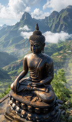 Large Buddha statue overlooking a valley concept - obrazy, fototapety, plakaty