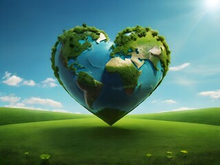 heart shaped planet on green meadow for earth day