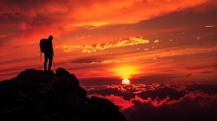 Fototapeta premium The mountaineer is on the summit contemplating the landscape. man standing on top of a mountain with a backpack on his back and a sunset in the background behind him, with a red sky and orange clouds