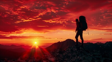  The mountaineer is on the summit contemplating the landscape. man standing on top of a mountain with a backpack on his back and a sunset in the background behind him, with a red sky and orange clouds - obrazy, fototapety, plakaty
