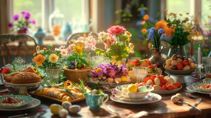 Naklejka na ściany i meble A beautifully set Easter brunch table with colorful Easter eggs, fresh flowers, and a delicious spread of festive dishes