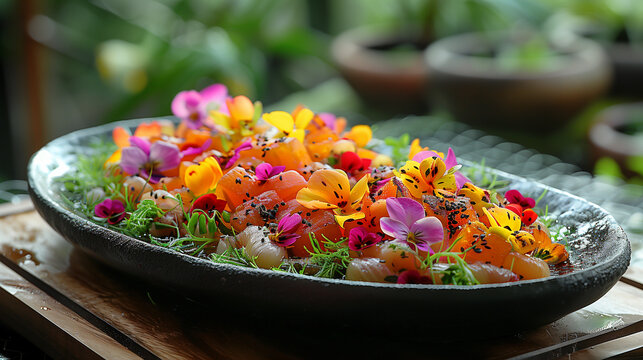 Salade et aliments crus surmontés de fleurs comestibles de toutes les couleurs, alimentation végétale et vivante