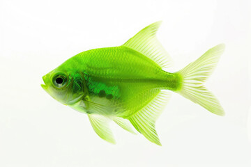 A charming green fish swimming gracefully against a pristine white background