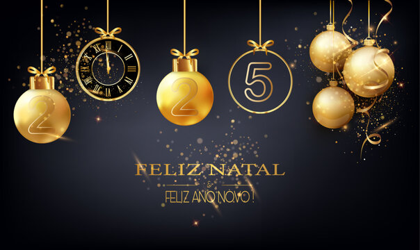 cartão ou faixa de cabeça para desejar um Feliz Natal e Feliz Ano Novo 2025 em ouro e preto composto por baubles de Natal e um relógio em um fundo preto com glitter
