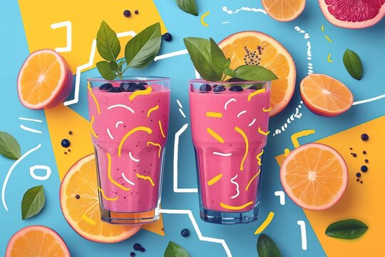 tasty smoothie with fruit and leaves around on colorful background