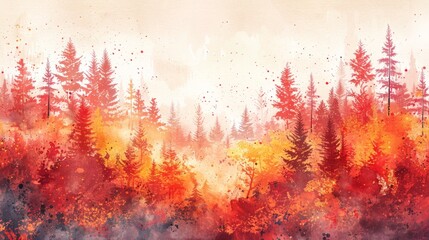 Vibrant Autumn Watercolor Forest Landscape Generative AI