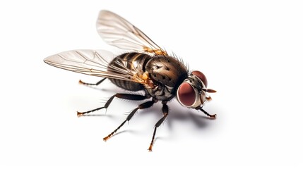 A macro shot captures a fly against a white background, offering a close-up view of the live insect.