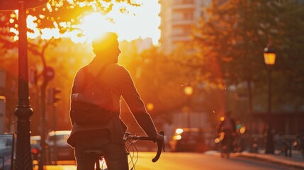 A man is riding a bike down a street as the sun sets, casting a warm glow over the scene
