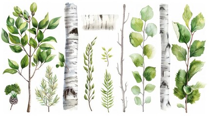 Birch Trees with Buds and Branches - Watercolor Illustrations on White Background Generative AI