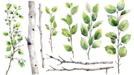 Birch Trees with Buds and Branches - Watercolor Illustrations on White Background Generative AI - obrazy, fototapety, plakaty