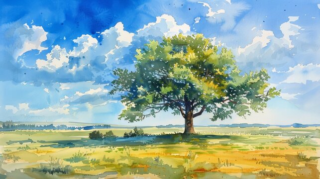 Watercolor Painting of Lush Tree in Vast Grass Field and Clear Blue Sky Generative AI © Alex
