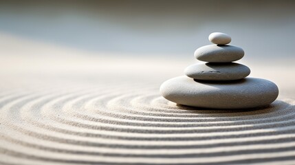 A macro lens shot captures a Japanese zen garden meditation stone, symbolizing concentration and relaxation, with sand and rocks creating harmony and balance in pure simplicity.