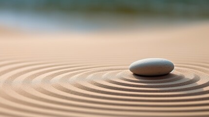 A macro lens shot captures a Japanese zen garden meditation stone, symbolizing concentration and relaxation, with sand and rocks creating harmony and balance in pure simplicity. - obrazy, fototapety, plakaty
