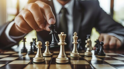 A man dressed in a suit concentrating on a game of chess - obrazy, fototapety, plakaty