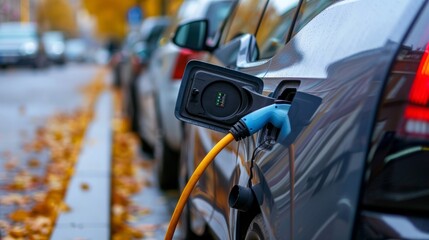An electric car is connected to a charger, which is powering up the vehicles battery for future use