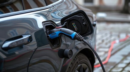 An electric car plugged into a charging station to recharge its battery