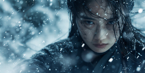 Samurai girl, close-up, snow falling. Generative AI