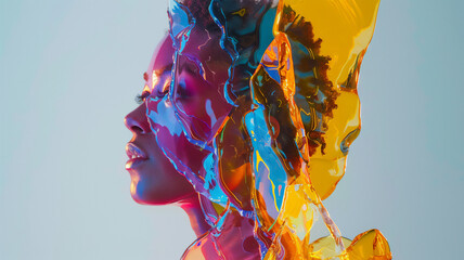A woman made of vivid, colorful, melting transparent glass, geometric shape design. - obrazy, fototapety, plakaty