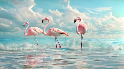 Pink Flamingos Walking on the Beach at Sunset - Realistic 3D of three pink flamingos walking in the ocean at sunset creating a serene and exotic vibe
