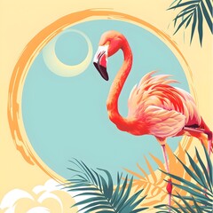 Spring Time Flamingo and Palm Leaves in Vintage Poster Design - A vintage poster design featuring a flamingo and palm leaves in a spring time circle illustration with a pink background