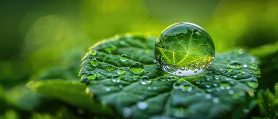 A crystal clear dewdrop sits delicately on a vibrant green leaf, magnifying the intricate network of veins below. The droplet, surrounded by smaller beads of water, creates a microcosm of life and pur