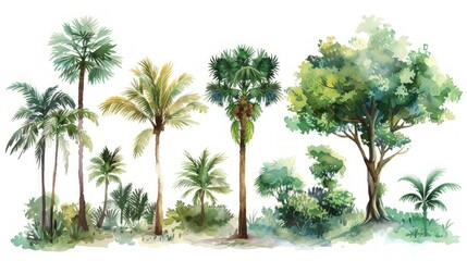Hand-Painted Watercolor Tropical Tree and Bush Landscape Generative AI
