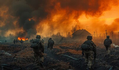 Group of soldiers cautiously advancing through a scorched, smoky battlefield