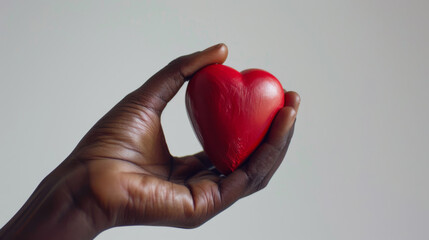 close-up photograph of a hand with dark skin holding a red, textured heart against a light background