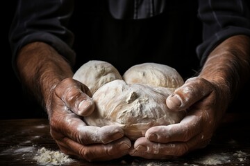 Close-up of female hands kneading dough for delicious bread and rolls on plain, neutral background - obrazy, fototapety, plakaty