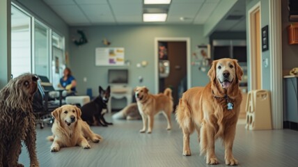 Veterinary Day, dogs eagerly anticipate their turn at veterinary clinic for attentive care and affectionate attention - obrazy, fototapety, plakaty