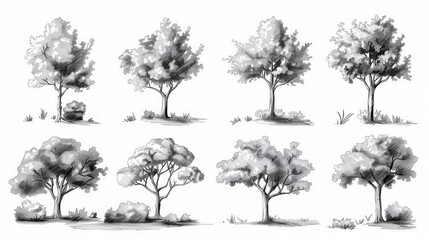 Hand-Drawn Set of Tree Sketches for Landscape Design Illustration Generative AI